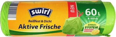 Пакетів для сміття Swirl Active Freshness 60 л зі шнурком, зелені (8 рулонів x 8 пакетів/рулон 64 пакети) 8 шт. (8 упаковок), 8