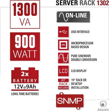 ДБЖ Atlantis A03-OP1302-RC OnLine ДБЖ з подвійним перетворенням, чиста синусоїда 1300 ВА 900 Вт, серверна стійка, РК-дисплей, USB, послідовний RS-232, 8 виходів IEC, слот SNMP, 2x12V-9Ah
