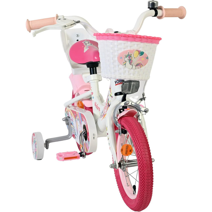 Дитячий велосипед Volare білий з сидінням-єдинорогом та рожевими ручками Ножне та ручне гальмо З додатковими колесами Комфорт та безпека Вік 35 років Легкий у збиранні Ідея для подарунка