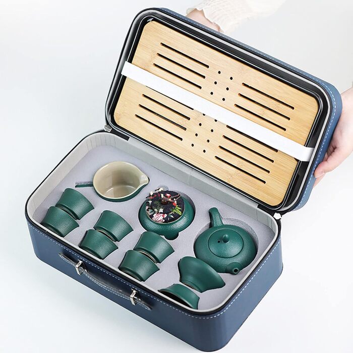 Набір для чаювання Смарагдова подорож, китайський чайний сервіз, портативний набір для чаю Кунг-Фу, 7 предметів у кейсі