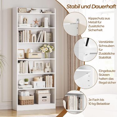 Книжкова полиця Yaheetech, 7-секційна книжкова шафа з регульованою полицею, окремостояча полиця 180,5 см В, відкрита полиця для зберігання речей для вітальні/домашнього офісу/кабінету (біла, 60x24x180,5 см) Біла 60x24x180,5 см