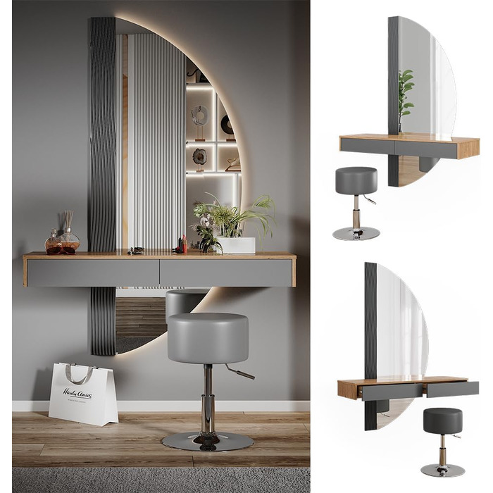 Туалетний столик Vicco Melisa, дуб/сірий, 120 см з підсвічуванням і табуретом Сірий зі світлодіодним дзеркалом і табуретом