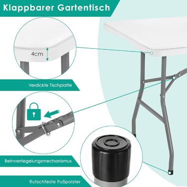 Складаний фуршетний стіл LIFERUN, водонепроникний, 180x75 см, садовий стіл зі стільницею з HDPE, складний пластиковий стіл з ручкою для перенесення, кемпінговий стіл для 10 осіб, вага до 150 кг, святковий стіл для саду, тераси, балкону, білий