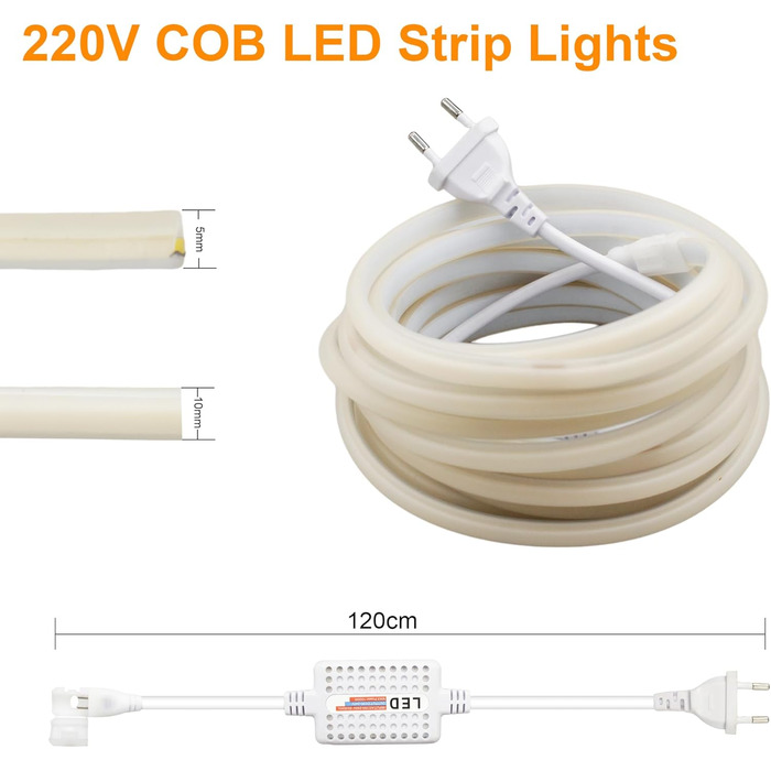 Світлодіодна стрічка TTWAY COB 220V 20m, світлодіодна стрічка водонепроникна тепла біла, CRI90, ширина 10 мм, IP65 LED стрічка 20 м для спальні, стеля, зовнішнє оздоблення, 3000K