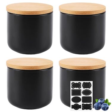 Набір з 4 керамічних контейнерів для зберігання, керамічна банка 260 мл з кришкою, наклейкою та силіконовим кільцем, чорна цукорниця для спецій, цукру, кави