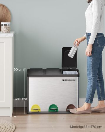 Відро для сміття кухонне, система розділення відходів 3 відділення, відро для сміття, металеве педальне відро на 45 л, 3 х 15 л, п