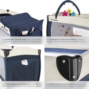 Дитяче ліжечко tectake Baby Travel Cot, дитяче ліжечко, регульоване по висоті ліжечко з матрацом та сумкою для перенесення, дитяче ліжко, дорожнє ліжечко, портативне приліжкове ліжечко для немовлят - 132 x 75 x 104 см - темно-синій, синій, з малюком собак