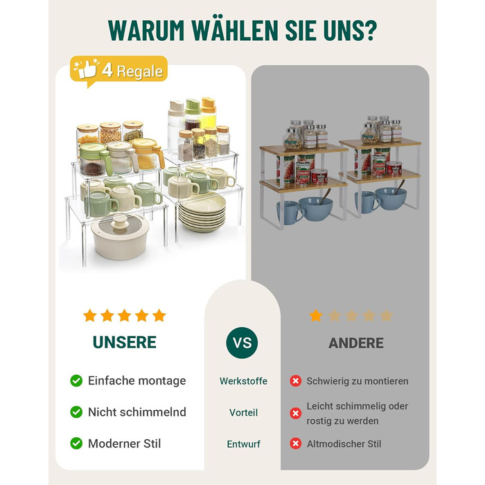 Прозорий кухонний органайзер, навісна стійка для спецій, набір з 4 предметів, органайзер для кухонної шафи, невелика кутова полиця для кухні, штабелюваний органайзер для спецій, стійка для чашок, міні-полиця, сучасний декор для кухонної стільниці