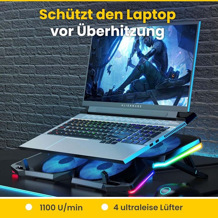 Охолоджувач для ноутбука Offgridtec K25 Pro, підставка з 4 тихими вентиляторами (1100 об/хв), 2 USB-порти, регульована висота, ергономічний дизайн для ігрових консолей та ноутбуків 10-17 дюймів, синій