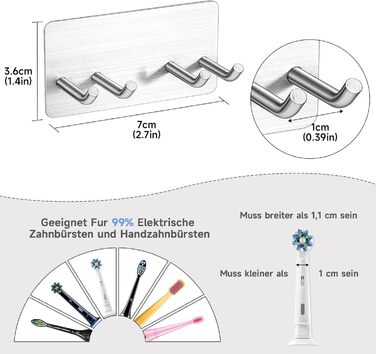 Тримач для зубної щітки YYBO Настінний тримач для зубної щітки Тримач для електричної зубної щітки Тримач головки щітки з нержавіючої сталі, Тримач для електричної зубної щітки без свердління, Багатофункціональний гачок для ванної кімнати
