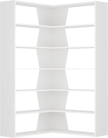 Кутова полиця FirFurd 190 см, книжкова шафа-ліжко, кутова книжкова шафа з 6 полицями, L-подібна кутова шафа, висока шафа, книжкова шафа, кутова вітрина для кабінету, вітальні, кухні, 90x90x190,5 см, білий