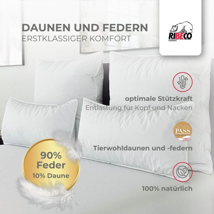 Пухова подушка Johanna, біла, 40x80 см, з оптимальною підтримкою голови та шиї, виготовлена з пір&39я та пуху і м&39якої бавовни, зроблена в Німеччині