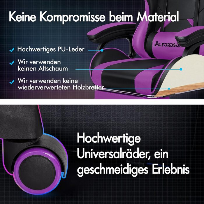 Офісний стілець ALFORDSON, Робочий стілець з масажною подушкою для попереку, Ергономічне комп&39ютерне крісло з відкидною спинкою, Поворотне крісло з підставкою для ніг, Регульована висота, Фіолетовий