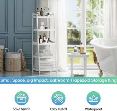 Бамбукова книжкова полиця SMIBUY з драбиною, органайзер для полиць у ванній кімнаті, окремостояча підставка для рослин, компактні полиці для спальні, кухні, балкону (біла, 5 полиць (127 см заввишки)) Біла 5 полиць (127 см заввишки)