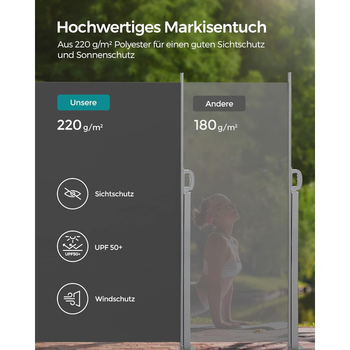 Бічний тент SONGMICS зі сталевим корпусом, стійкий до іржі, розсувний, 180 x 450 см, вітрозахисний, сонцезахисний, непрозорий, бічна жалюзі, для балкону, тераси, саду, антрацит GSA589G01 180 x 450 см антрацит