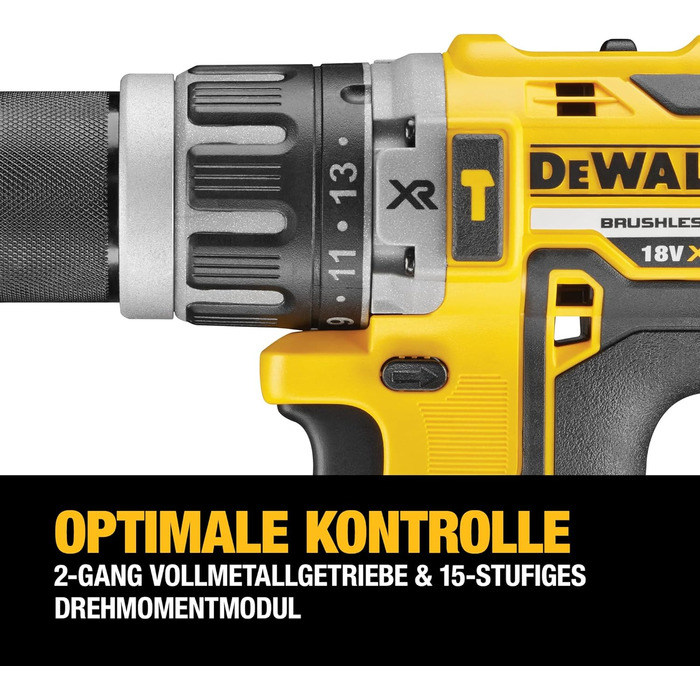 Акумуляторний ударний дриль Dewalt 18 В DCD796P2 (безщітковий двигун, 2-швидкісний суцільнометалевий редуктор, максимальний крутний момент 70 Нм, 15 рівнів крутного моменту, 2 літій-іонні акумулятори 18 В / 5 Ач та зарядний пристрій)