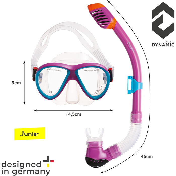 Набір для підводного плавання La Gomera Pro Jr. для дітей Розроблено в Німеччині Професійний силіконовий 2-елементний дитячий дайвінг-набір (маска для підводного плавання, трубка та сітчаста сумка) з сухою трубкою та захисною лінзою рожевого/блакитного ко