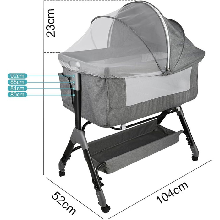 Дитяче ліжко Supfine Cododo 3-в-1 з матрацом та москітною сіткою, регульована висота, мобільна дитяча колиска для новонароджених/немовлят, ліжко Cododo з кошиком для зберігання (сірий лляний колір, 104 * 52 * 100-110 см) 104*52*100-110 см лляний сірий кол