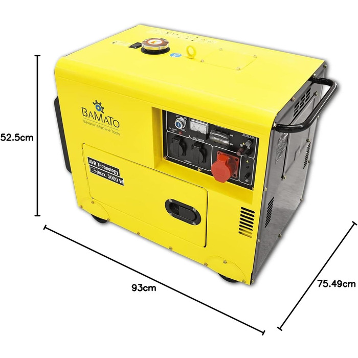 Дизельний генератор BAMATO BGE-5000D Технологія AVR 5000 Вт Електричний стартер 4-тактний дизельний двигун 7,9 к.с. Підключення 400 В, два підключення 230 В та один роз&39єм 12 В постійного струму