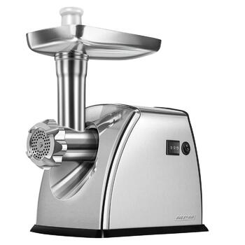 Електрична м'ясорубка MPM MMM-07M, професійна, 1800 Вт, нержавіюча сталь, 3 диски (3мм, 5мм, 7мм), функція реверсу, насадки для ковбас та лезо з нержавіючої сталі