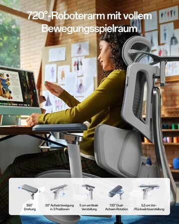 Інтелектуальне ергономічне крісло Hbada X7, офісне крісло, з повністю автоматичною поперековою опорою, регульованим підголівником 4D, регульованими підлокітниками 720, вентильованою подушкою сидіння, функцією повороту, сірим поліпропіленом