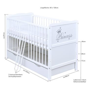 Дитяче ліжечко 60x120, що трансформується в дитяче ліжко, біла принцеса з шухлядою та матрацом, включаючи прорізувачі для зубів