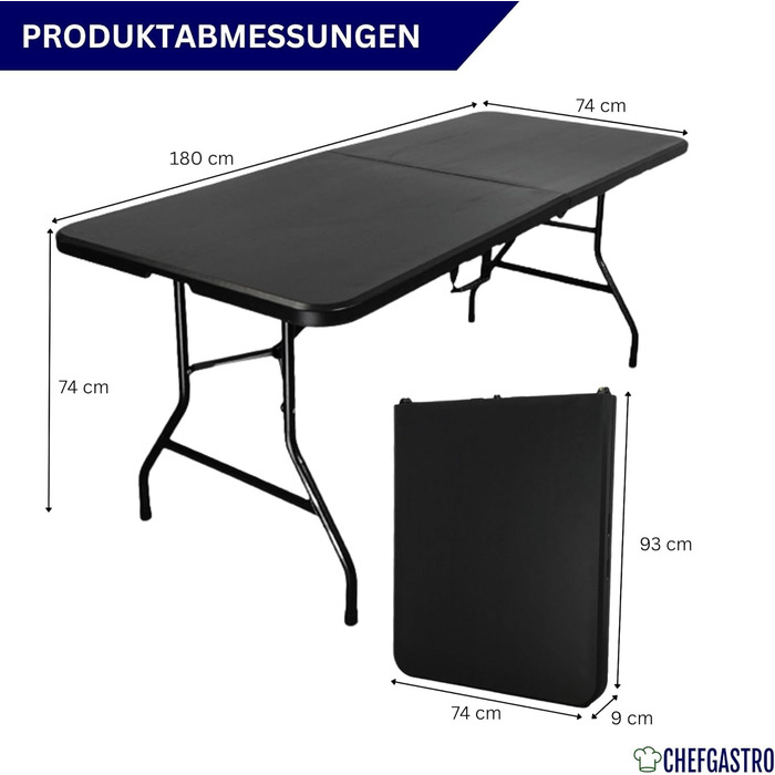 Складаний фуршетний стіл 180x75 см, водонепроникний садовий стіл з ручкою для перенесення, 8 осіб, пластиковий чорний, складаний стіл, портативний кемпінговий стіл на відкритому повітрі для саду, тераси, балкону, вечірки, фуршетний стіл, гладкий чорний