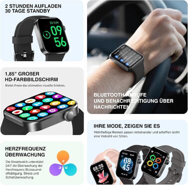 Розумний годинник для чоловіків та жінок, HD-дисплей 1,85 дюйма, розумний годинник з функцією телефону, понад 140 спортивних режимів, фітнес-трекер з крокометром, подарунок на День святого Валентина для нього/неї, водонепроникний IP68 для iOS та Android, 