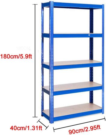 Міцний металевий стелаж 5 полиць з МДФ Вантажопідйомність до 875 кг 180 x 90 x 40 см (В x Ш x Г) Стелаж для гаража/майстерні, синій 180 x 90 x 40 см (В x Ш x Г)