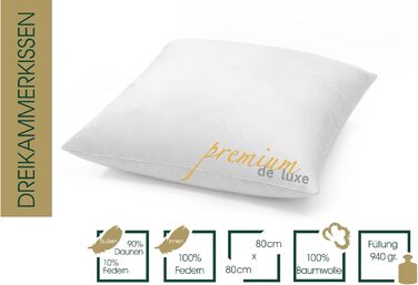 Пухова подушка преміум-класу de Luxe 80x80 см - Виготовлено в Німеччині, пухова подушка зі 100 бавовни - 3-камерна пухова подушка для алергіків 1 упаковка