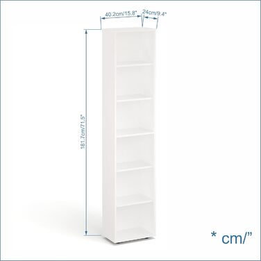 КОМТО Полиця 40 см завширшки Біла - Книжкова полиця з 6 рівнями та полицями з регульованою висотою, окремостояча полиця, полиця для зберігання Книжкова полиця Lumo 40 x 180 x 24 см (Ш x В x Г) 6 рівнів (40Ш x 180В x 24Г) Біла