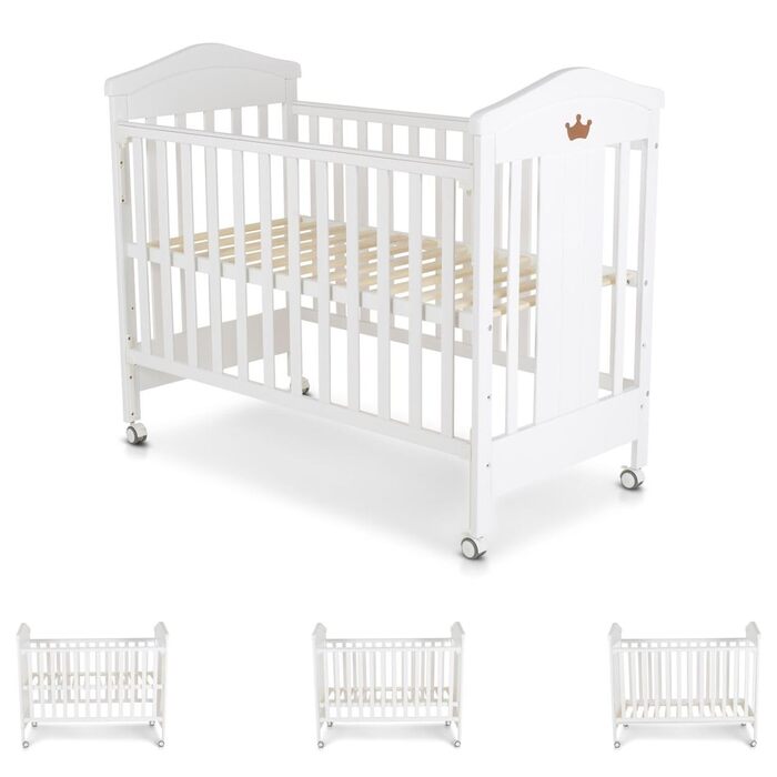 Дитяче ліжечко Cangaroo Wing 120 x 60 см, букове дерево, колеса, 3 положення висоти, біле