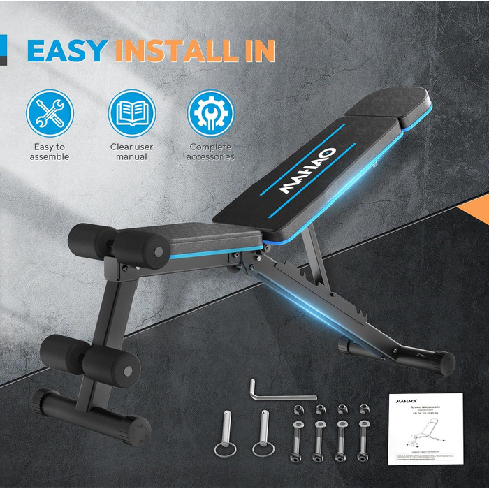 Складана регульована багатофункціональна лава для важкої атлетики, похила лава для тренувань усього тіла, лава для домашнього тренажерного залу, вантажопідйомність 230 кг, синя