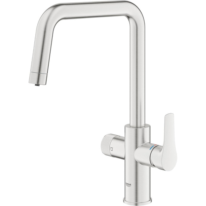 Кухонний змішувач GROHE Blue Pure з функцією фільтрації (фільтрована вода окремий важіль, фільтр під мийкою, поворот на 150, U-подібний вилив, без фільтра), нержавіюча сталь, 30583DC0 L Super-steel