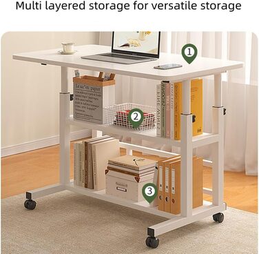 Мобільний комп&39ютерний стіл, портативний офісний стіл на колесах, стіл з регульованою висотою, офісний стіл для студентів та працівників, 80x40x60-90 см (чорний)