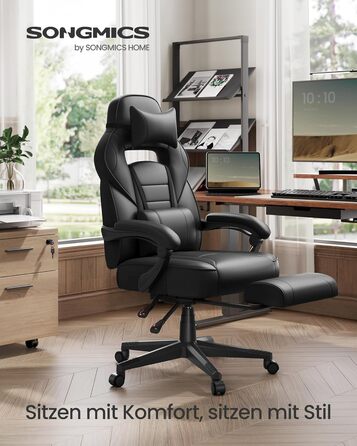 Ігрове крісло SONGMICS, офісне крісло з підставкою для ніг, робоче крісло з підголівником та поперековою опорою, регульована висота, ергономічне, вантажопідйомність до 150 кг, чорний колір OBG073B05 Колір чорнила чорний