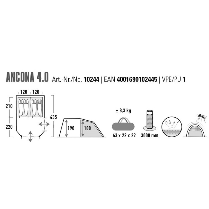 Намет чотиримісний High Peak Ancona 4.0 Light Grey/Dark Grey/Green (10244)
