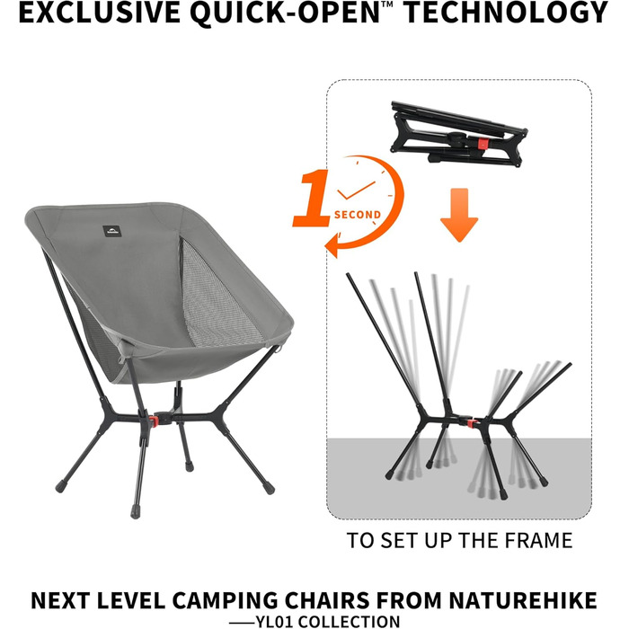 Крісло для кемпінгу Naturehike, складне, надлегке розкладне крісло компактний розмір у упаковці та міцна конструкція для кемпінгу, пікніків та активного відпочинку на свіжому повітрі, походи (сірий M) сірий S