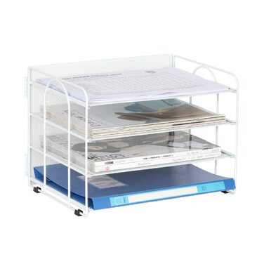 Металевий офісний органайзер EasyPAG з 4 відділеннями A4, тримач для документів, лоток для файлів, тримач для журналів, лоток для листів, органайзер для паперових журналів, білий