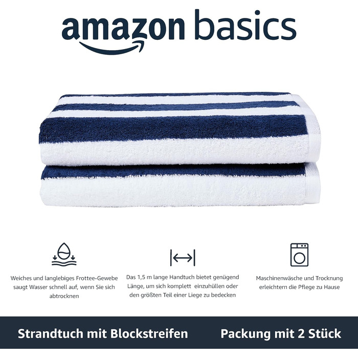 Рушник для басейну та пляжу, 100 бавовна, махрова тканина, смужки кабінки, м'який та поглинаючий, 76 х 152 см, 2 шт. и, темно-сині