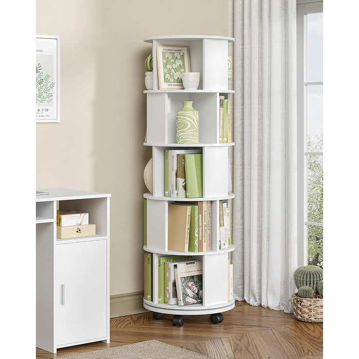 Книжкова полиця Hzuaneri, поворотна на 360, 5-рівнева вертикальна полиця для зберігання, сучасна окремостояча полиця, декоративна полиця на колесах, для вітальні, кабінету, офісу, 45 x 45 x 161,5 см, біла BC54003X