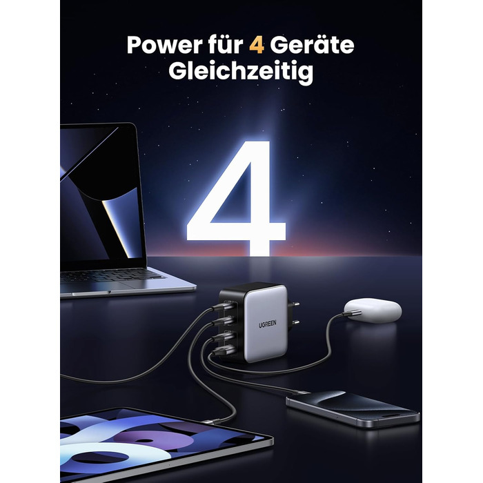 Зарядний пристрій GaN USB C Блок живлення 4 порти Зарядний пристрій PD з PPS сумісний з MacBook Pro, iPhone 16 Pro Max/16 Pro/15 P
