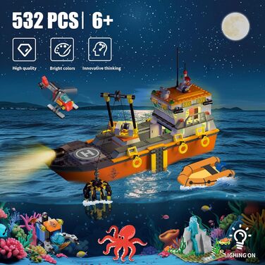 Міська плавуча іграшка для будівництва кораблів, океанський дослідницький корабель, човен, дослідницьке судно, іграшка зі світлодіодним підсвічуванням, гелікоптер, підводний човен, клітка для акул, подарунки на день народження для хлопчиків 6-12 років, ді