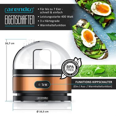 Яйцеварка 400 Вт - конструкція з нержавіючої сталі - 1-7 яєць - яйцеварка - перемикач функцій - 3 ступені твердості на вибір - фун