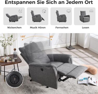 Електричне крісло-реклайнер для телевізора EBELLO з функцією відкидання, крісло для телевізора у вітальні, витримує до 150 кг, одне крісло-реклайнер для вітальні, темно-сірий 1 темно-сірий