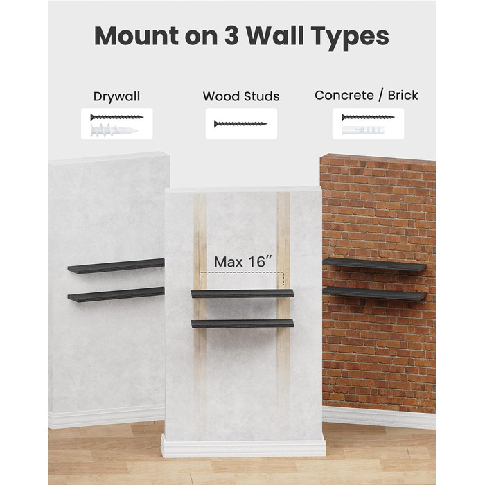 Настінна полиця STOREMIC, чорна, 60 см, комплект із 2 настінних полиць, плаваюча полиця з максимальним навантаженням 20 кг, рівна оброблена поверхня, підходить для робочих місць, офісів та віталень