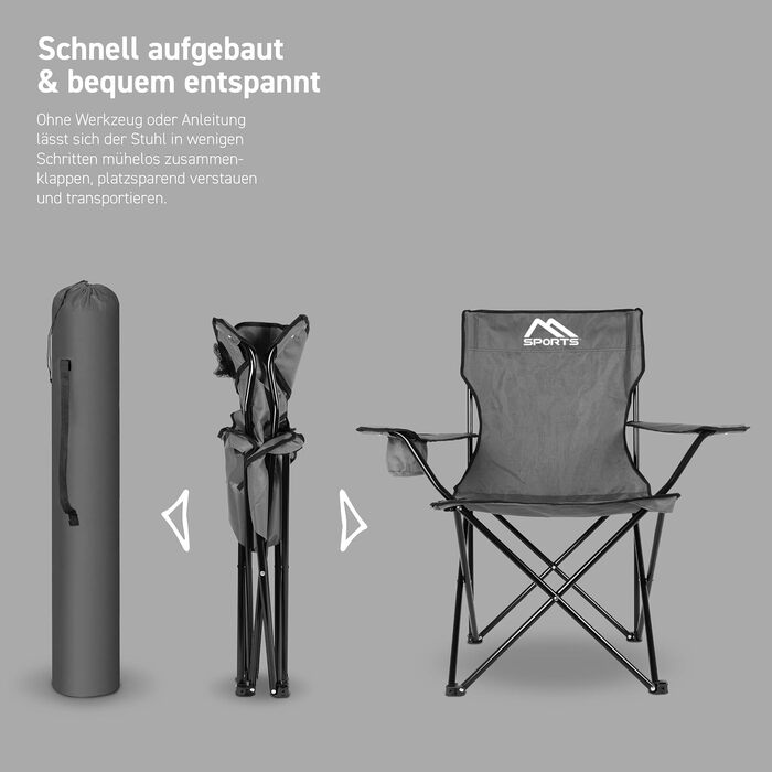 Крісло для кемпінгу преміум-класу MSPORTS, включаючи сумку для перенесення, рибальське крісло, розкладне крісло - доступне в комплекті з 2 шт. - розкладне крісло з підлокітниками та підсклянником, практичне, міцне, легке, кемпінгове крісло сірого кольору 