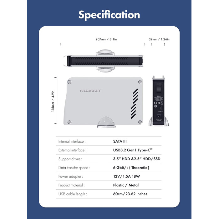 Зовнішній ігровий жорсткий диск GRAUGEAR 12TB для Xbox, ПК, ноутбука, ноутбука, смарт-телевізора, резервного копіювання, розширення пам'яті 3.5 HDD, сумісний з Windows Mac OS Linux