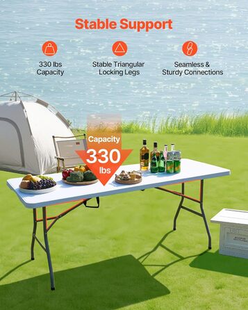 Розкладний фуршетний стіл VEVOR, портативний універсальний стіл, 180 см, прямокутний пластиковий стіл (для 4-6 осіб) з інтегрованою ручкою, садовий стіл, кемпінговий стіл для вечірок, пікніків, кемпінгу, білий