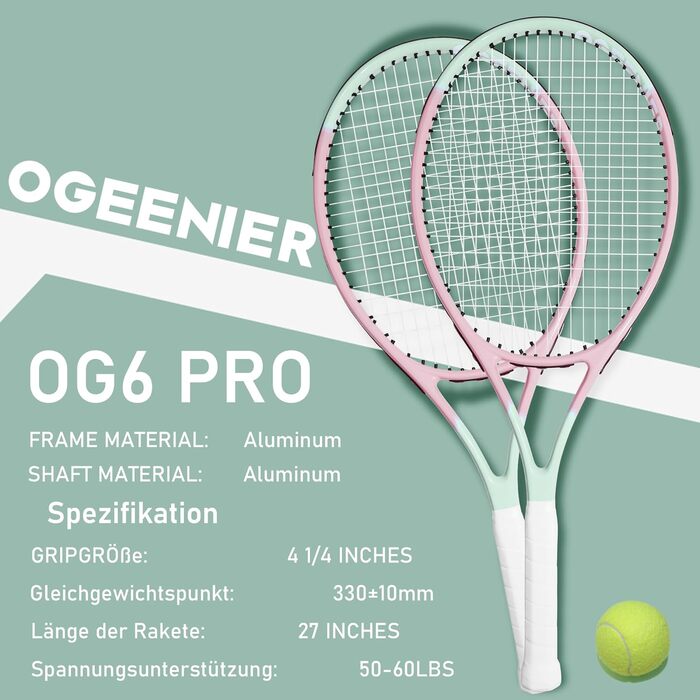 Тенісний набір OGEENIER Pink Lady 27" 2 ракетки 27 дюймів для дорослих жінок чоловіків початковий рівень + 3 м’ячі + 2 грип-стрічки + 2 віброгасники + рожева сумка повний комплект для 2 гравців легкий алюміній ITF-approved оригінал 2025